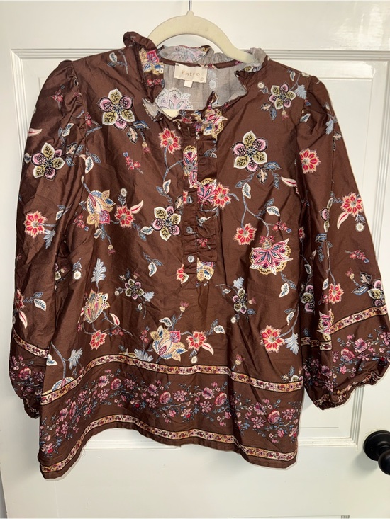 entro Tops - Entro Brown Floral Ruffle-Trim Peasant Blouse size large